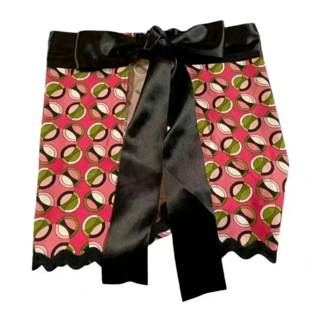 Handmade Pink Retro Print Half Apron with Black Ribbon Tie